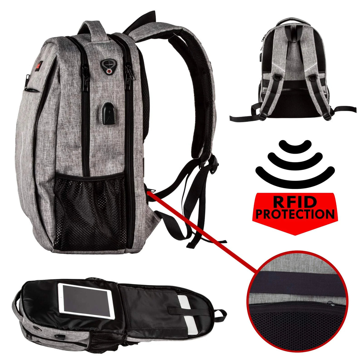 15" Grey Rfid-Safe Travel Laptop Backpack Tsa-Friendly Unisex with USB Charging Port