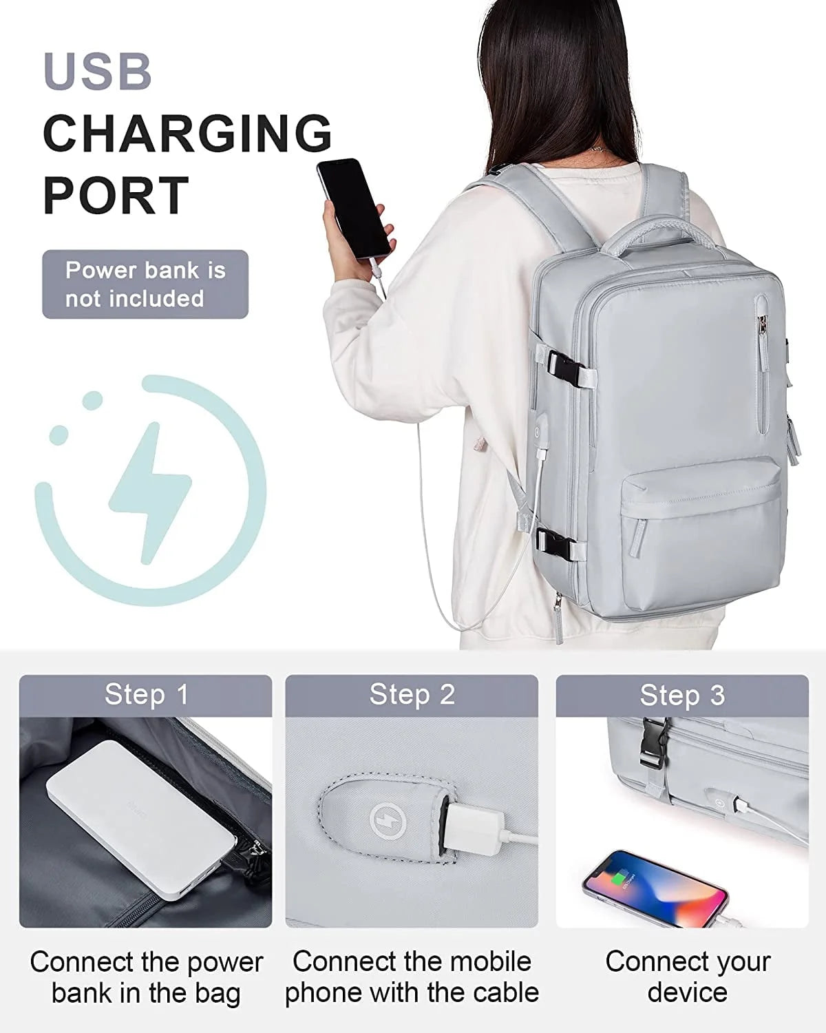 Large Backpack for Women Men, Carry on Backpack for Everydayon Airplane,Laptop Backpack with Shoe Compartment, Flight Approved Personal Item Bag Waterproof Luggage Backpack Grey