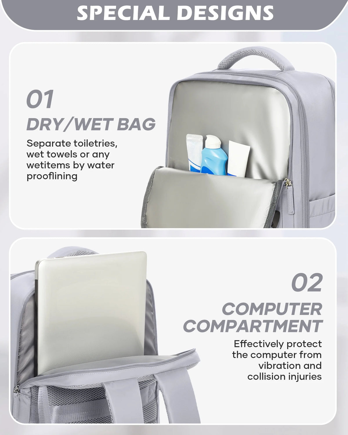 Large Backpack for Women Men, Carry on Backpack for Everydayon Airplane,Laptop Backpack with Shoe Compartment, Flight Approved Personal Item Bag Waterproof Luggage Backpack Grey