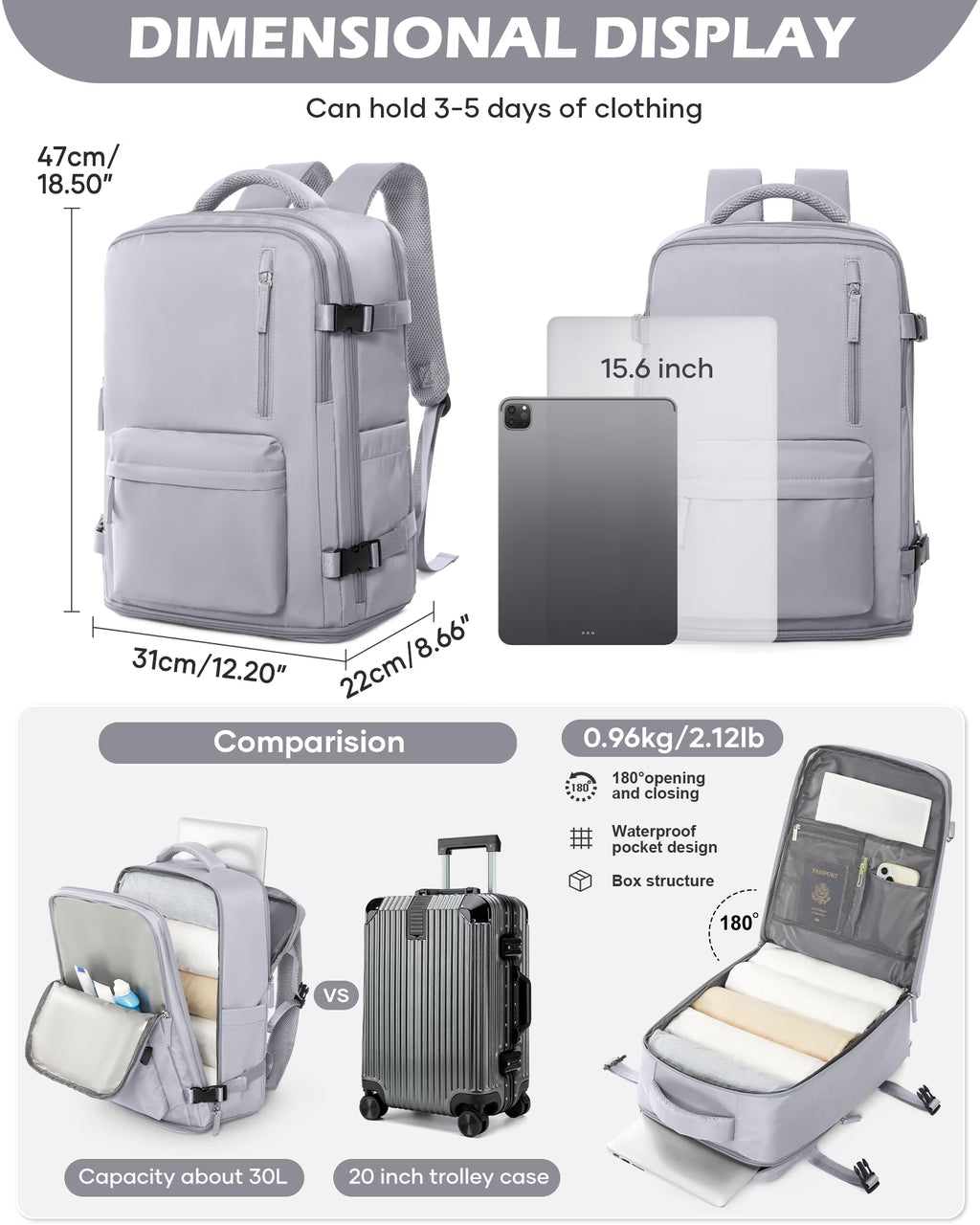 Large Backpack for Women Men, Carry on Backpack for Everydayon Airplane,Laptop Backpack with Shoe Compartment, Flight Approved Personal Item Bag Waterproof Luggage Backpack Grey