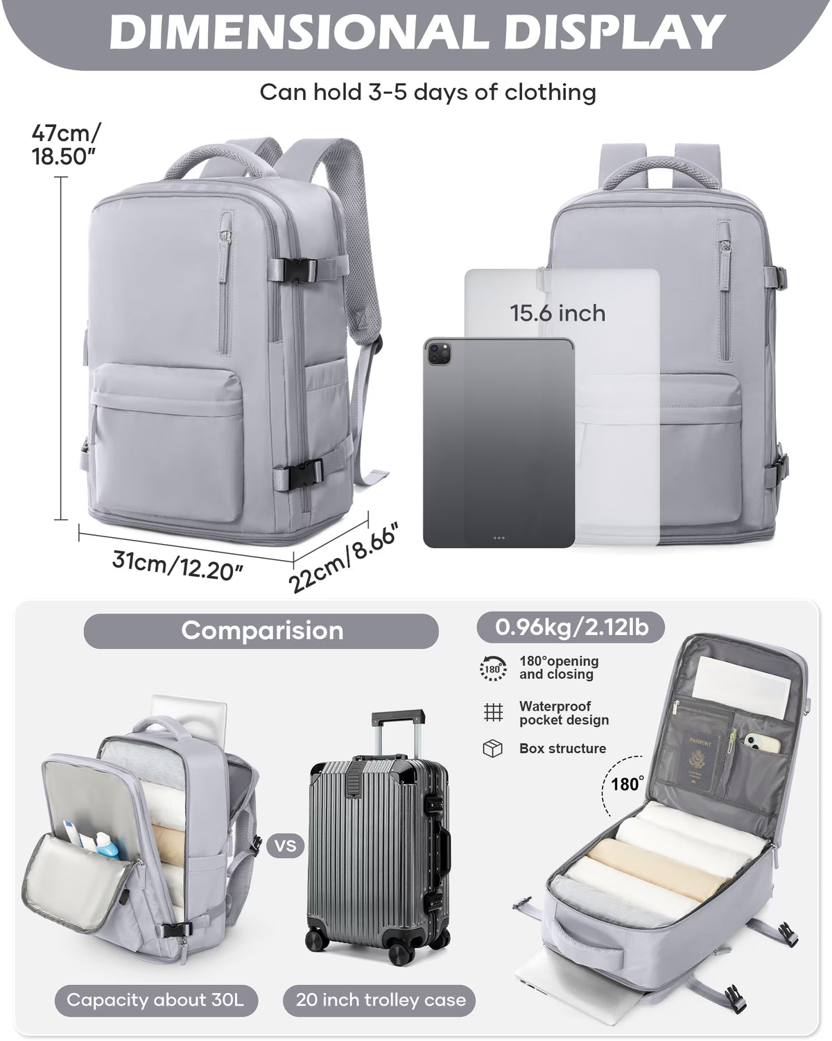 Large Backpack for Women Men, Carry on Backpack for Everydayon Airplane,Laptop Backpack with Shoe Compartment, Flight Approved Personal Item Bag Waterproof Luggage Backpack Grey