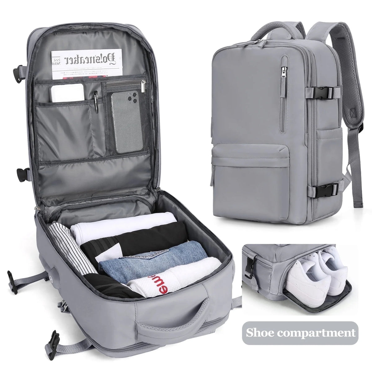 Large Backpack for Women Men, Carry on Backpack for Everydayon Airplane,Laptop Backpack with Shoe Compartment, Flight Approved Personal Item Bag Waterproof Luggage Backpack Grey