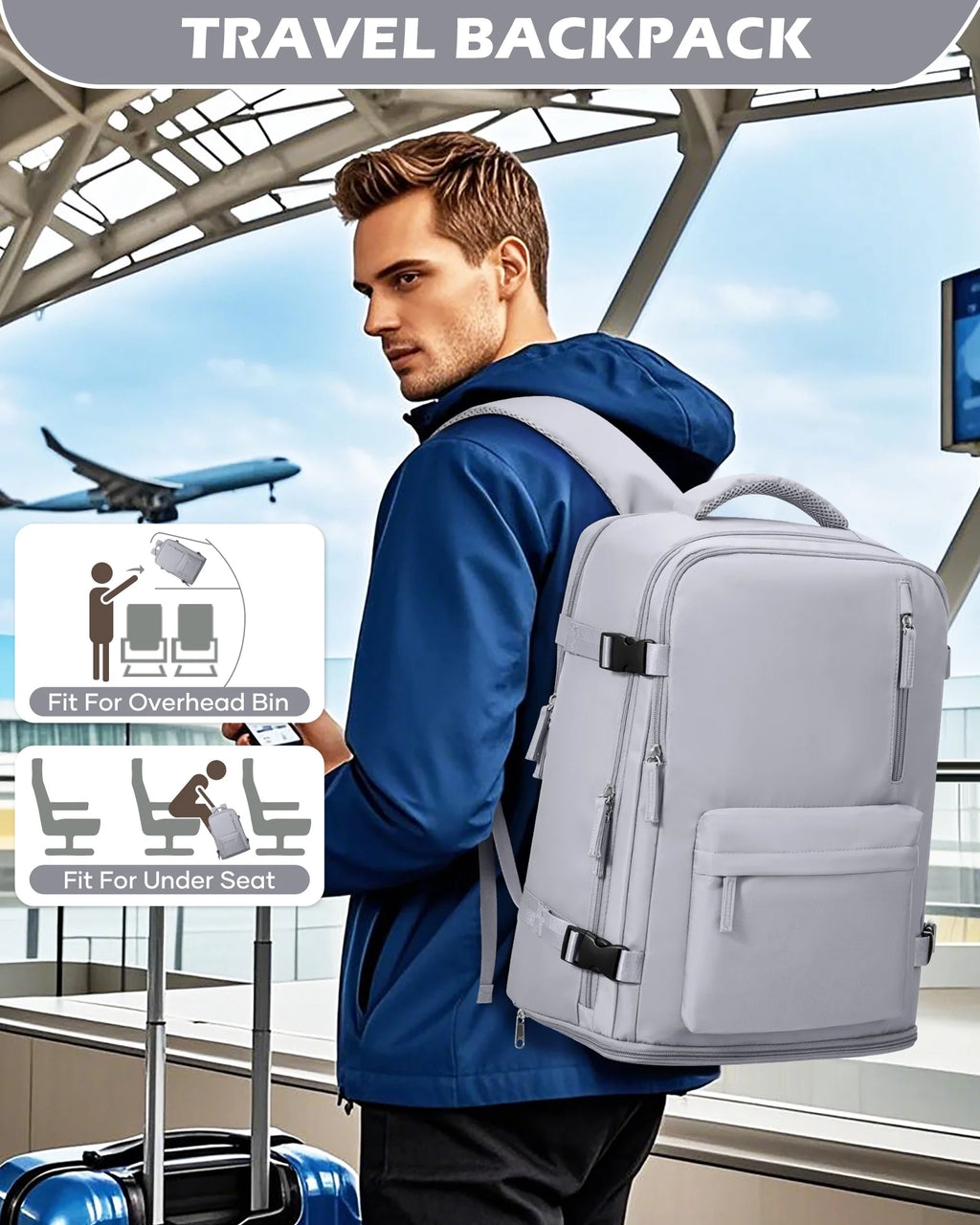 Large Backpack for Women Men, Carry on Backpack for Everydayon Airplane,Laptop Backpack with Shoe Compartment, Flight Approved Personal Item Bag Waterproof Luggage Backpack Grey