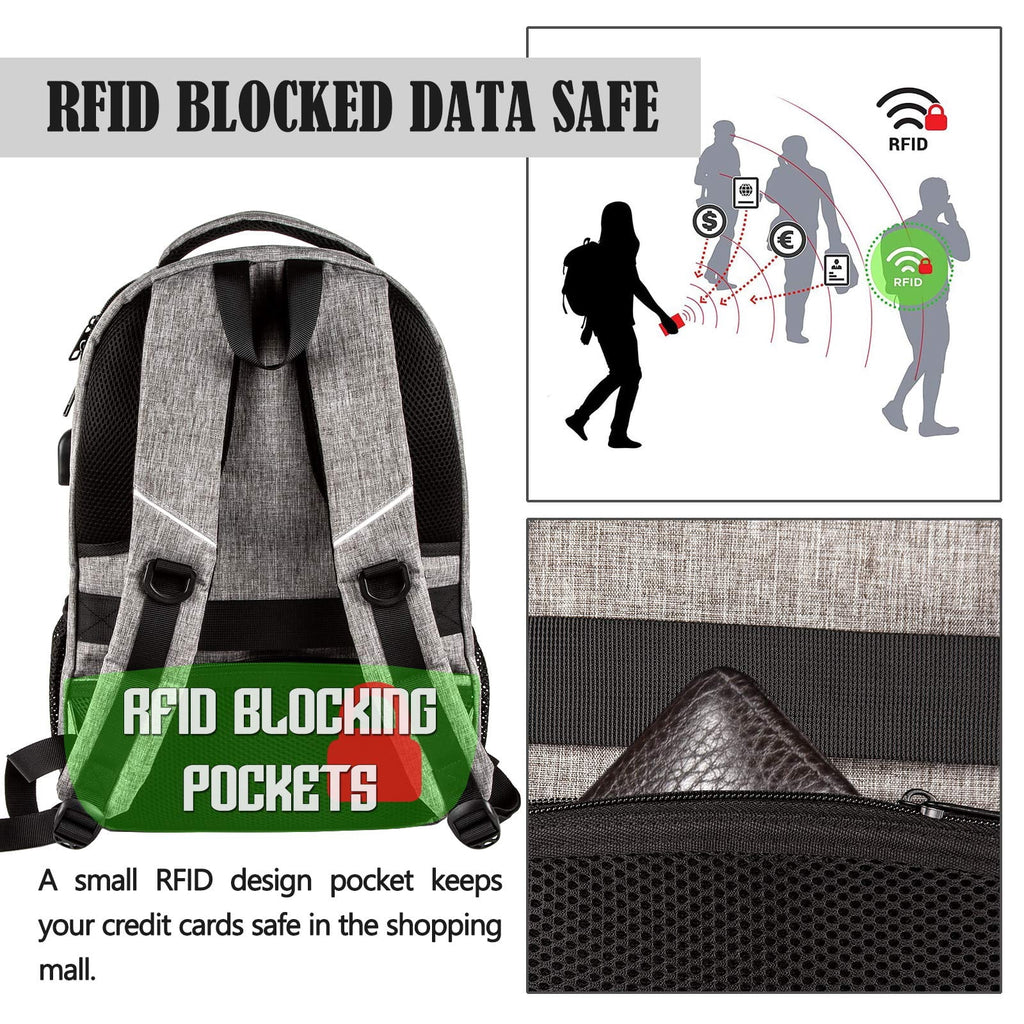 15" Grey Rfid-Safe Travel Laptop Backpack Tsa-Friendly Unisex with USB Charging Port