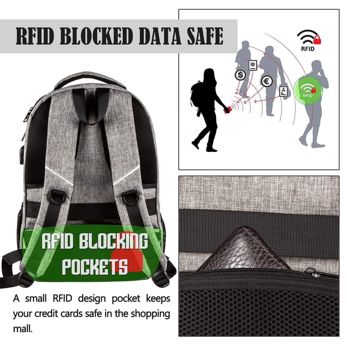 15" Grey Rfid-Safe Travel Laptop Backpack Tsa-Friendly Unisex with USB Charging Port