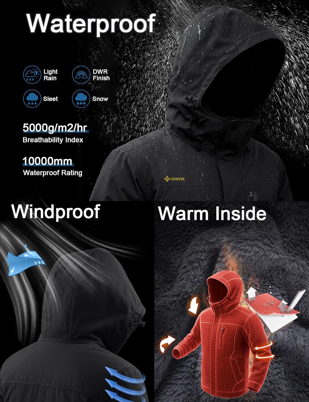 Men'S Winter Ski Jacket Waterproof Snow Coat with Detachable Hood
